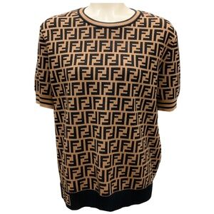 FENDI TOBACCO / BLACK FF LOGO ZUCCA PATTERN SHORT SLEEVED KNIT PULLOVER SWEATER